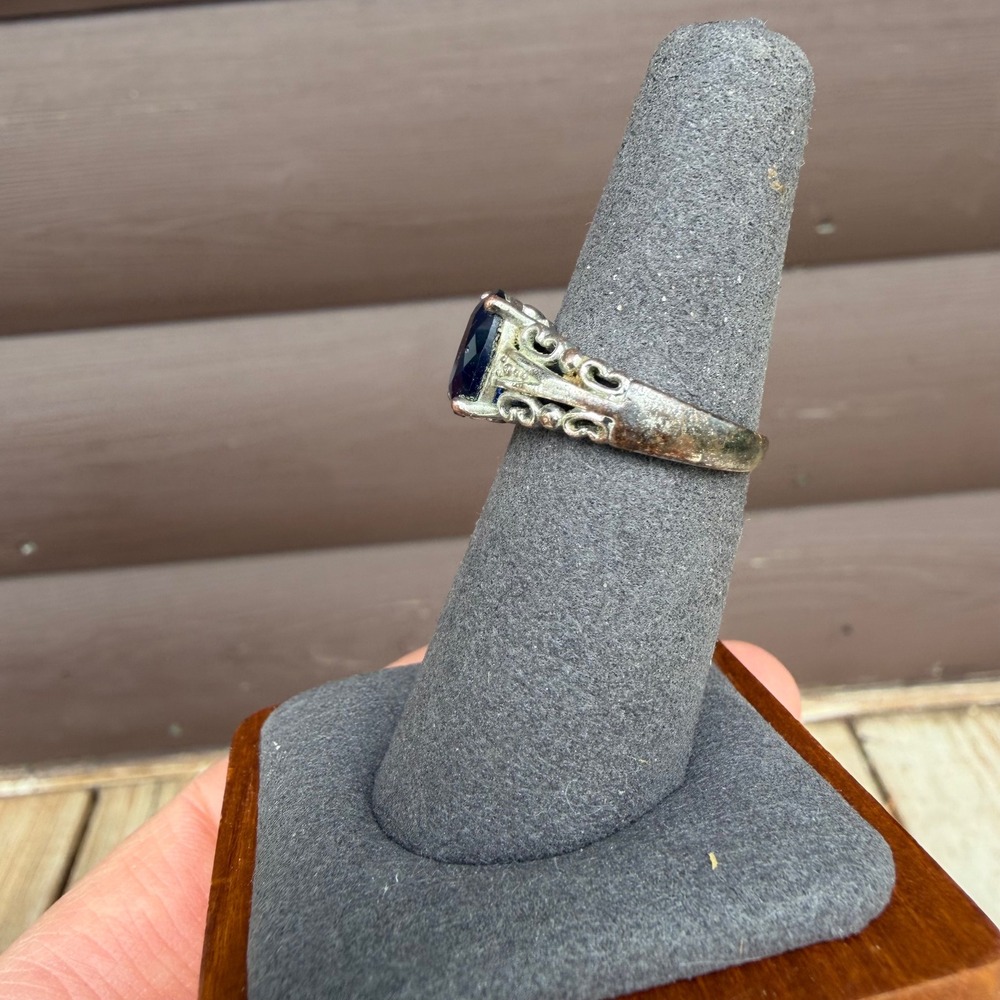 Vintage Filigree Ring Womens‎ Size 7 Silver Tone Blue Oval Stone Statement Ring - Picture 4 of 7
